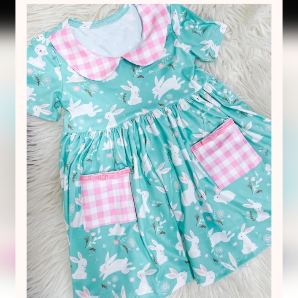 Girls' Mint Bunny Print Dress with Pink Gingham Collar